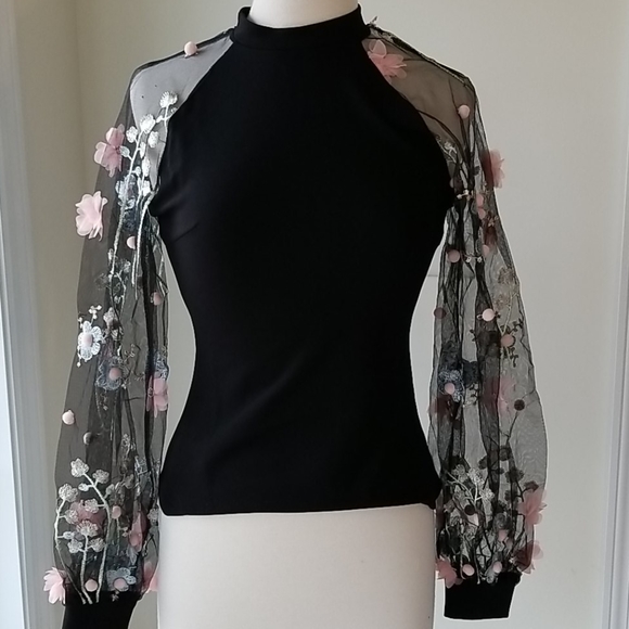🌞Unique October Love Sheer Flower Sleeves Spring Top Sexy - Picture 6 of 9